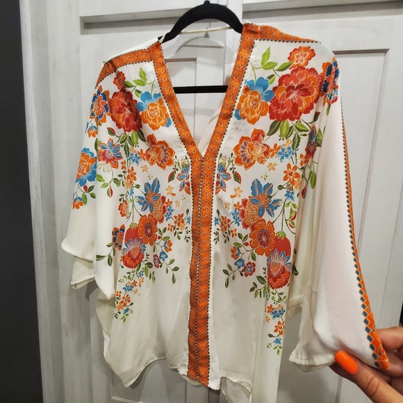 Rose + Olive Boho Floral Dress Blouse Top Orange White - Picture 3 of 4
